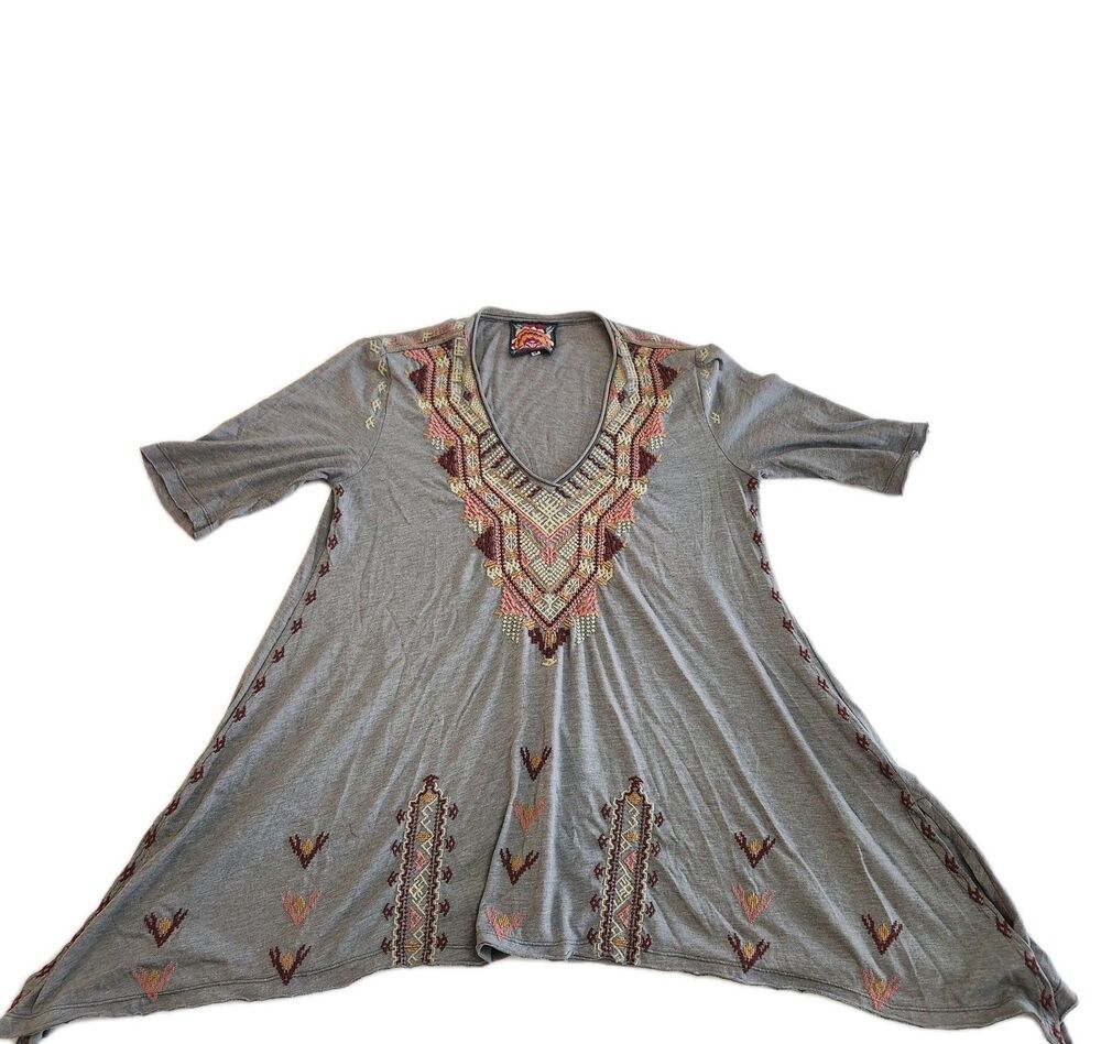 Johnny Was Embroidered Boho Festival Aztec Artisan Artsy Tunic Top SZ Medium